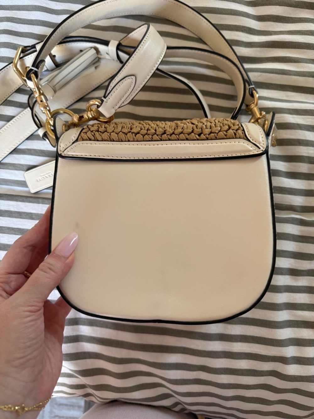 Discontinued Coach Woven Straw Crossbody Bag w/ Cream White Leather Trim Gold - Picture 6 of 11